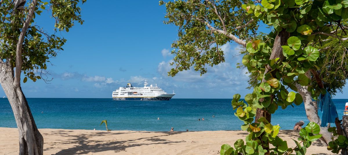 Die MS Hamburg von Plantours von der Karibikinsel aus betrachtet ankert vor St. Vincent und Grenadinen