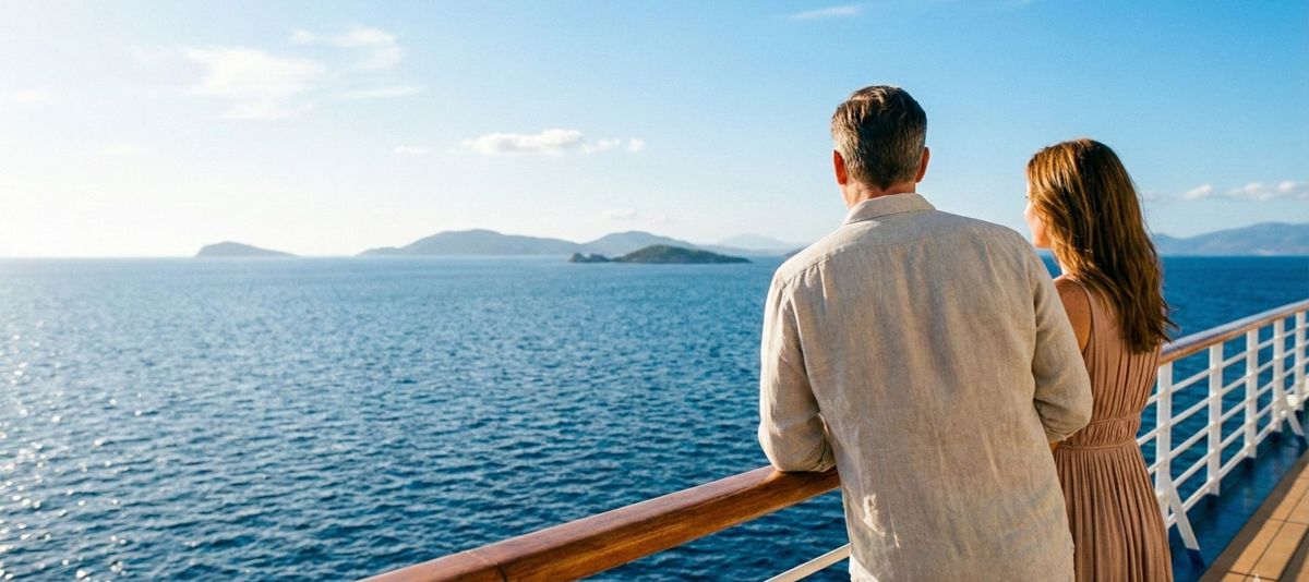Paar steht an der Reling eines Kreuzfahrtschiffs und blickt auf das blaue Meer und entfernte Inseln