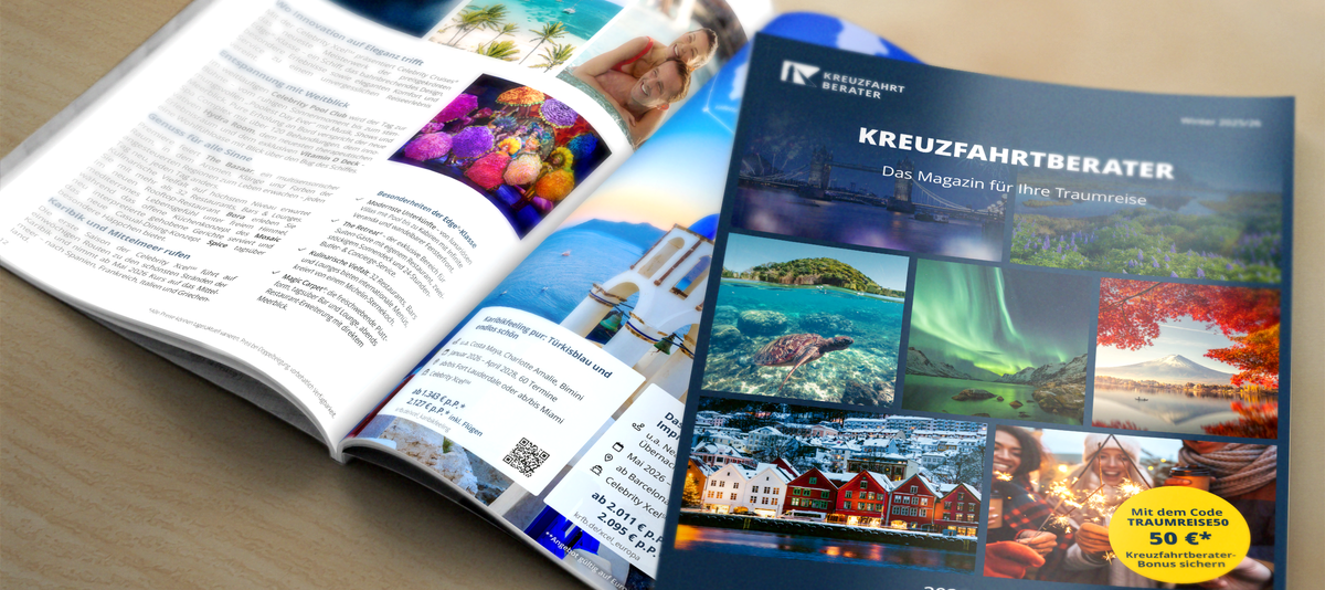 Blick von oben auf das Cover des neuen Magazins sowie auf ein darunterliegendes aufgeblättertes Magazin