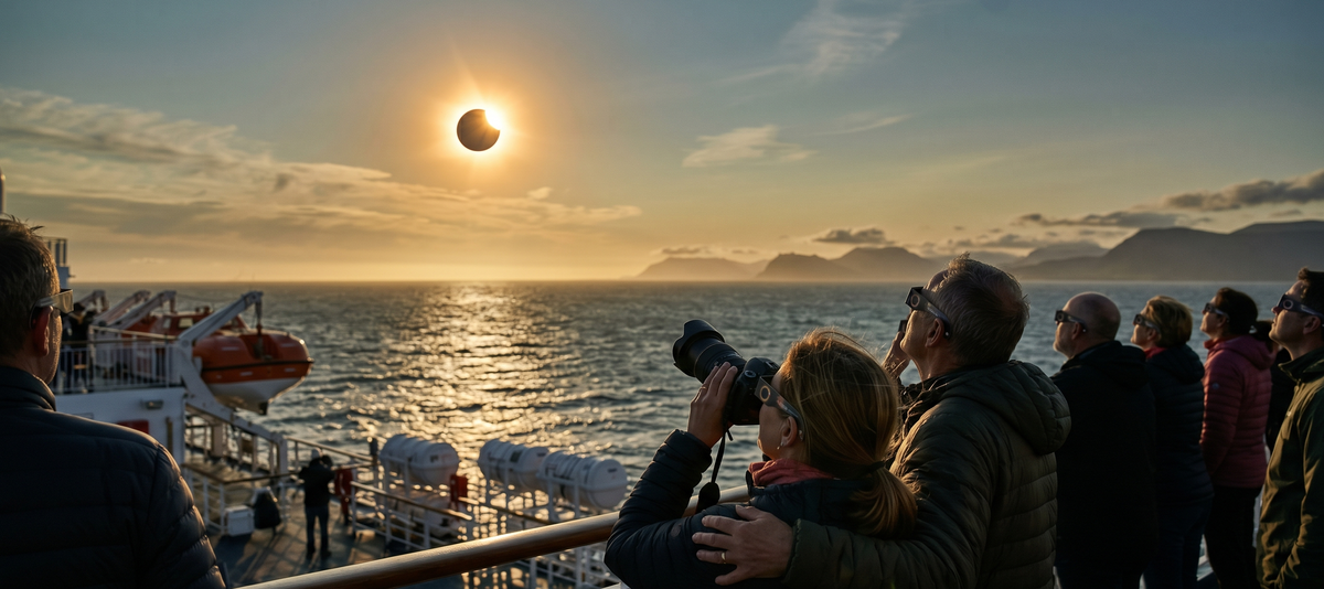 Menschen beobachten mit UV-Schutzbrillen die Sonnenfinsternis von Bord eines Schiffes aus